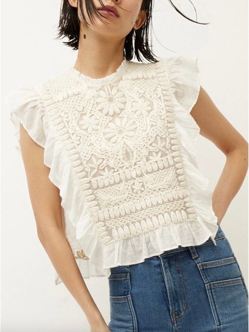 Veronica Beard 100% Cotton Capriana Embroidered Top in Off White - Size 2